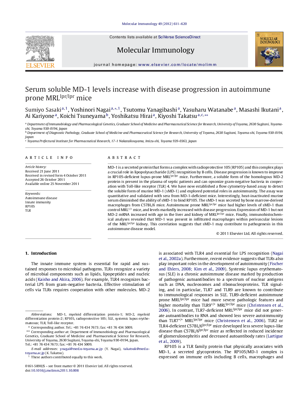 Serum soluble MD-1 levels increase with disease progression in autoimmune prone MRLlpr/lpr mice