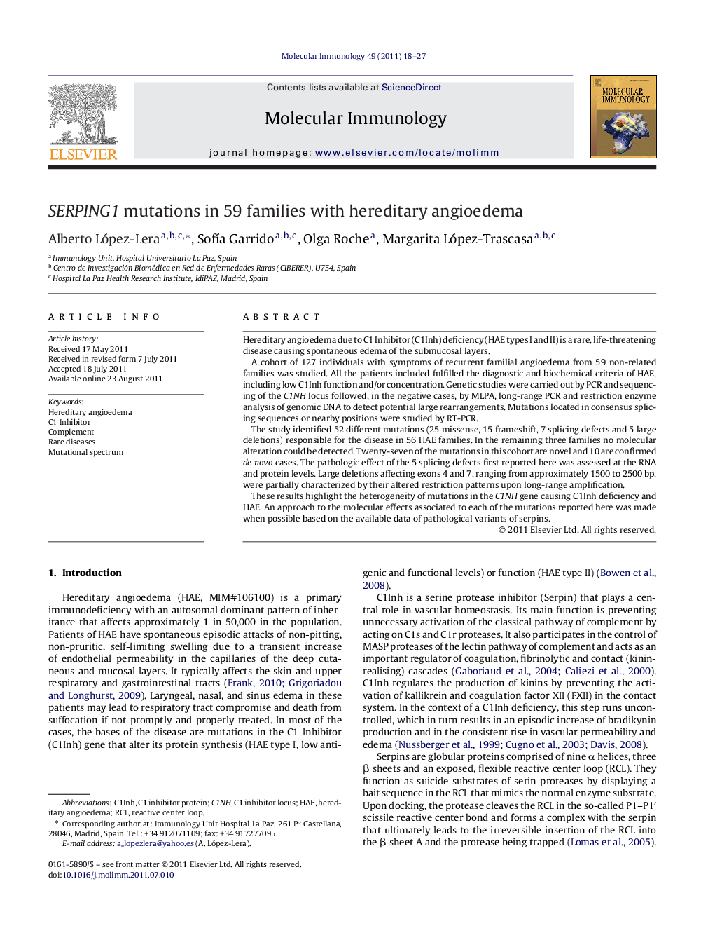 SERPING1 mutations in 59 families with hereditary angioedema