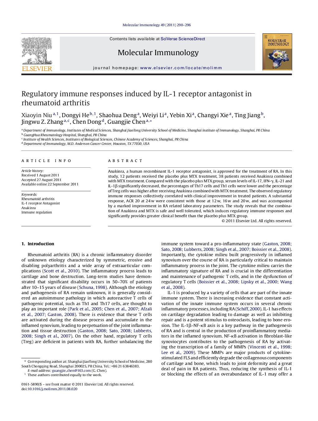 Regulatory immune responses induced by IL-1 receptor antagonist in rheumatoid arthritis