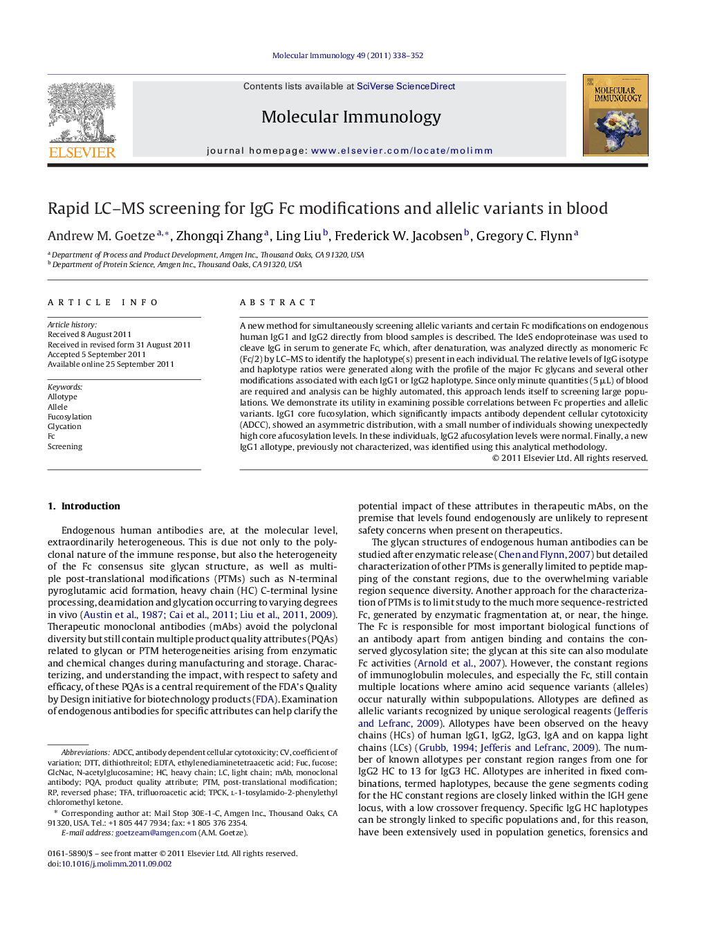 Rapid LC-MS screening for IgG Fc modifications and allelic variants in blood