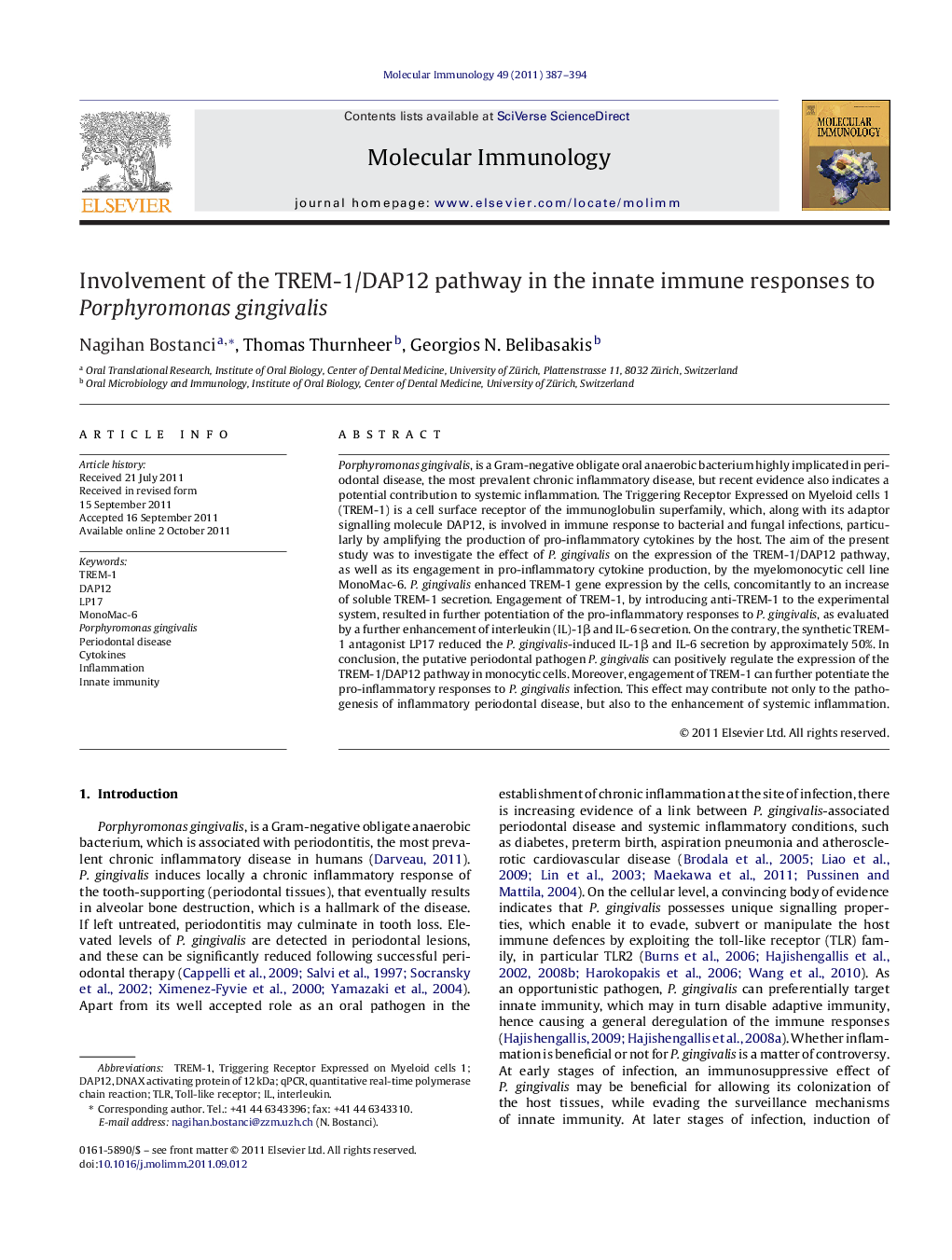 Involvement of the TREM-1/DAP12 pathway in the innate immune responses to Porphyromonas gingivalis