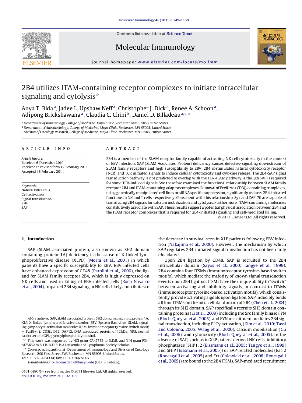 2B4 utilizes ITAM-containing receptor complexes to initiate intracellular signaling and cytolysis