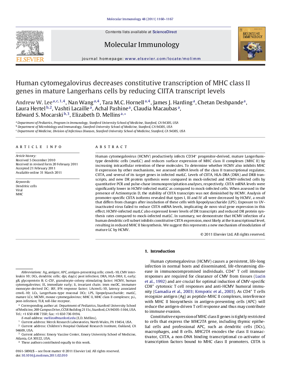 Human cytomegalovirus decreases constitutive transcription of MHC class II genes in mature Langerhans cells by reducing CIITA transcript levels