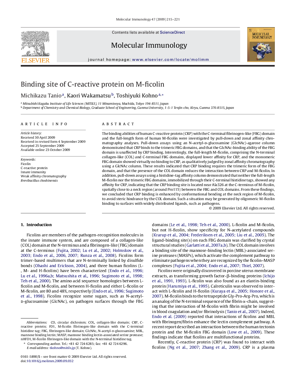 Binding site of C-reactive protein on M-ficolin