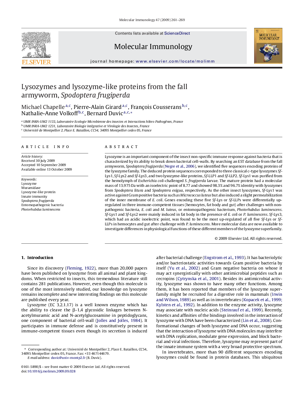 Lysozymes and lysozyme-like proteins from the fall armyworm, Spodoptera frugiperda