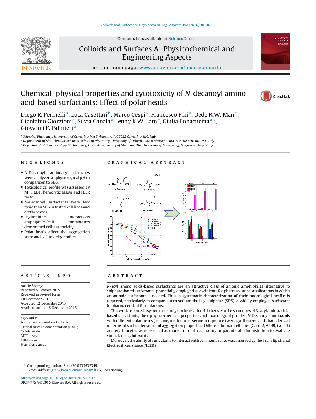 Chemical–physical properties and cytotoxicity of N-decanoyl amino acid-based surfactants: Effect of polar heads