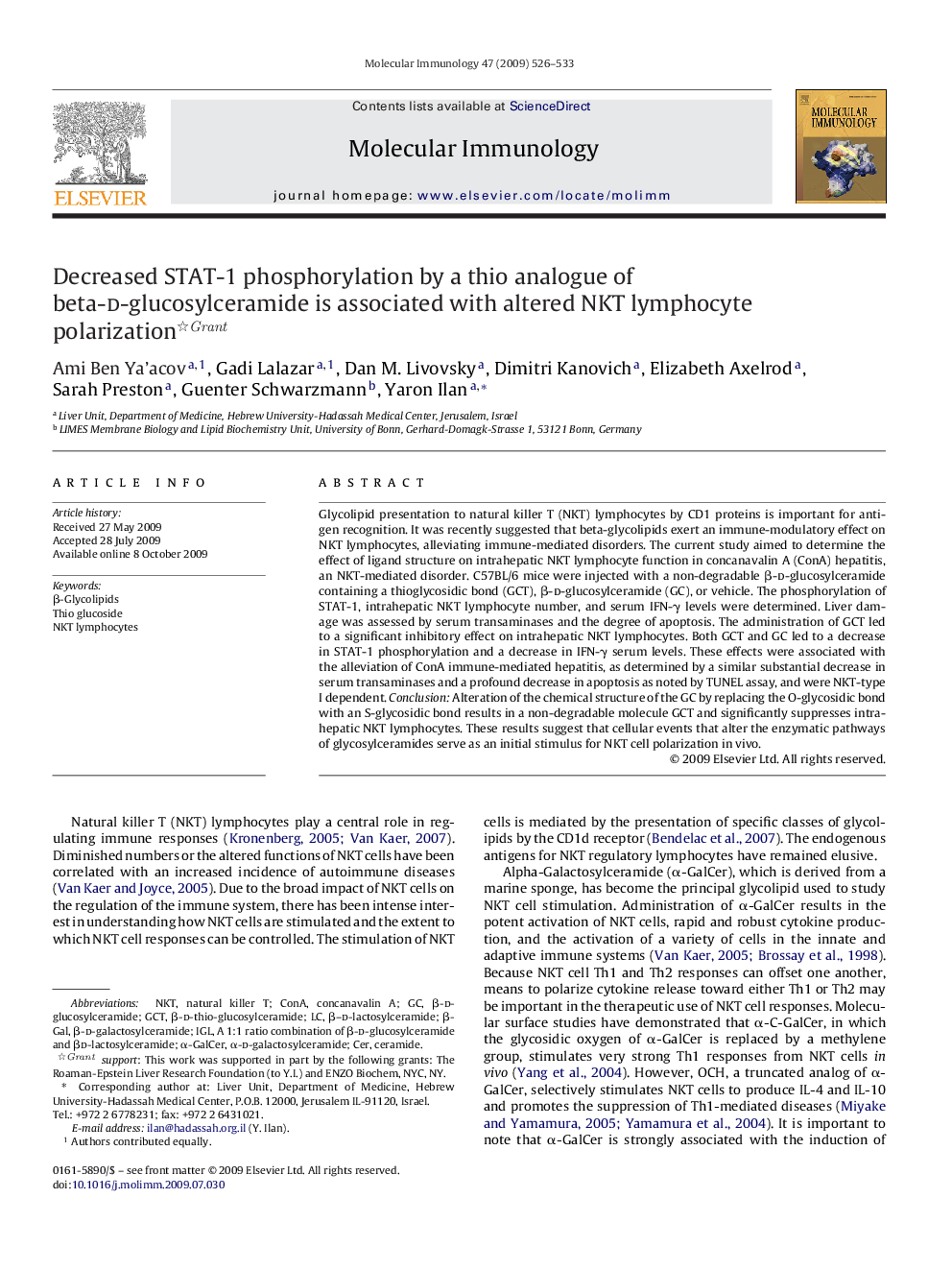 GrantDecreased STAT-1 phosphorylation by a thio analogue of beta-d-glucosylceramide is associated with altered NKT lymphocyte polarization