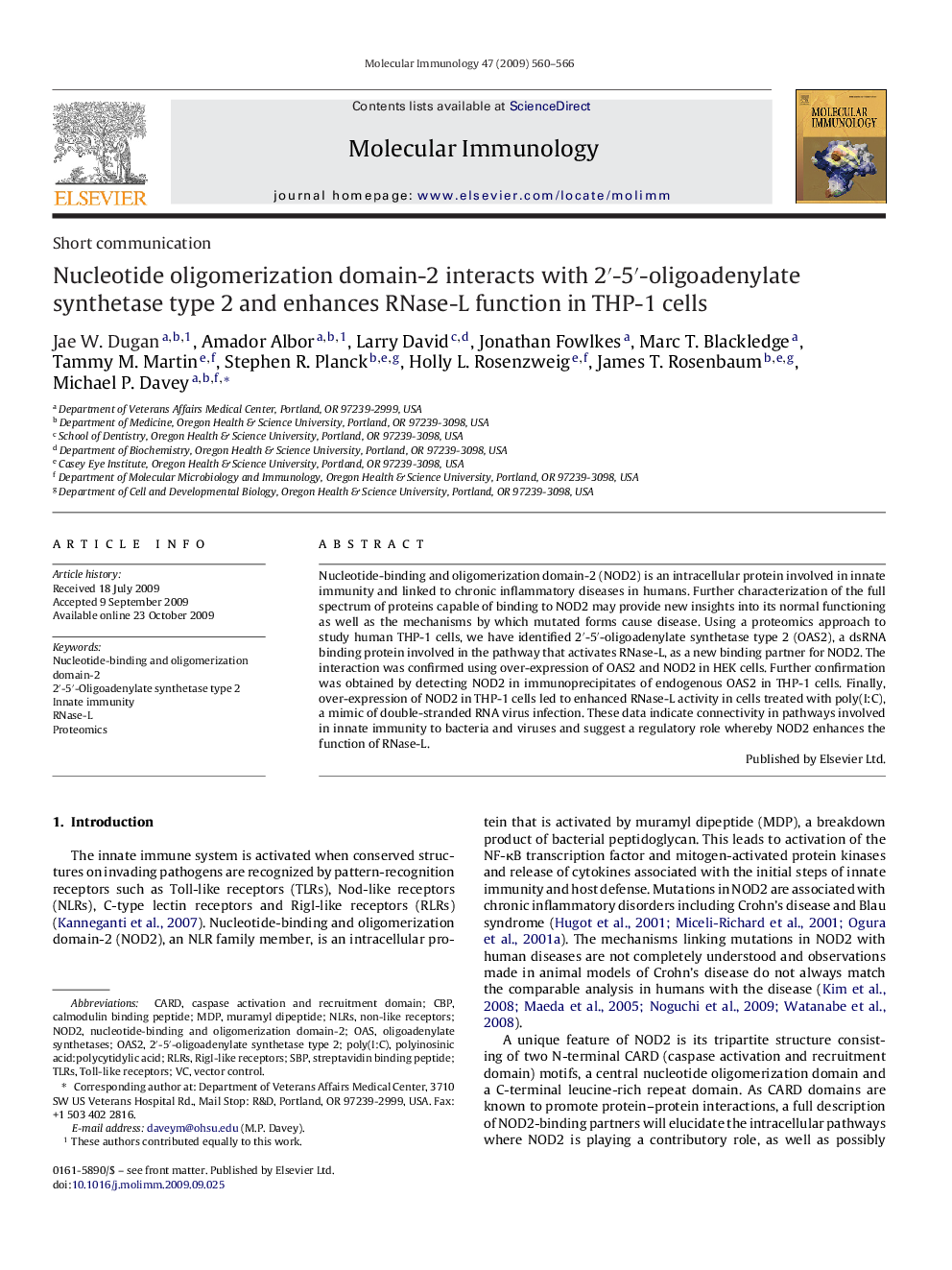 Nucleotide oligomerization domain-2 interacts with 2â²-5â²-oligoadenylate synthetase type 2 and enhances RNase-L function in THP-1 cells