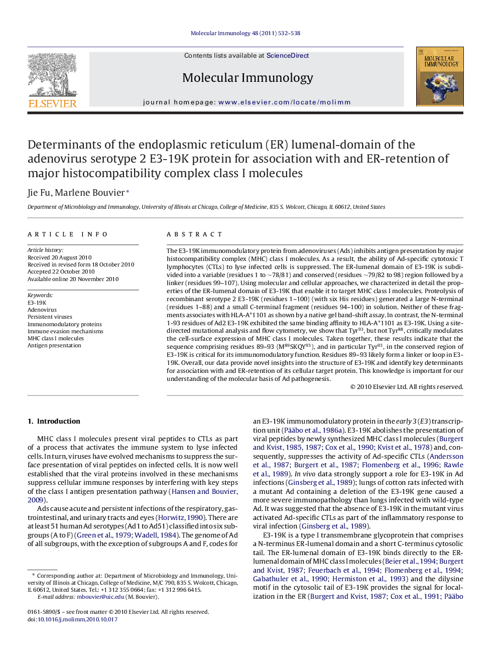 Determinants of the endoplasmic reticulum (ER) lumenal-domain of the adenovirus serotype 2 E3-19K protein for association with and ER-retention of major histocompatibility complex class I molecules