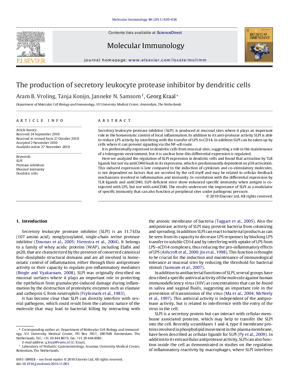 The production of secretory leukocyte protease inhibitor by dendritic cells