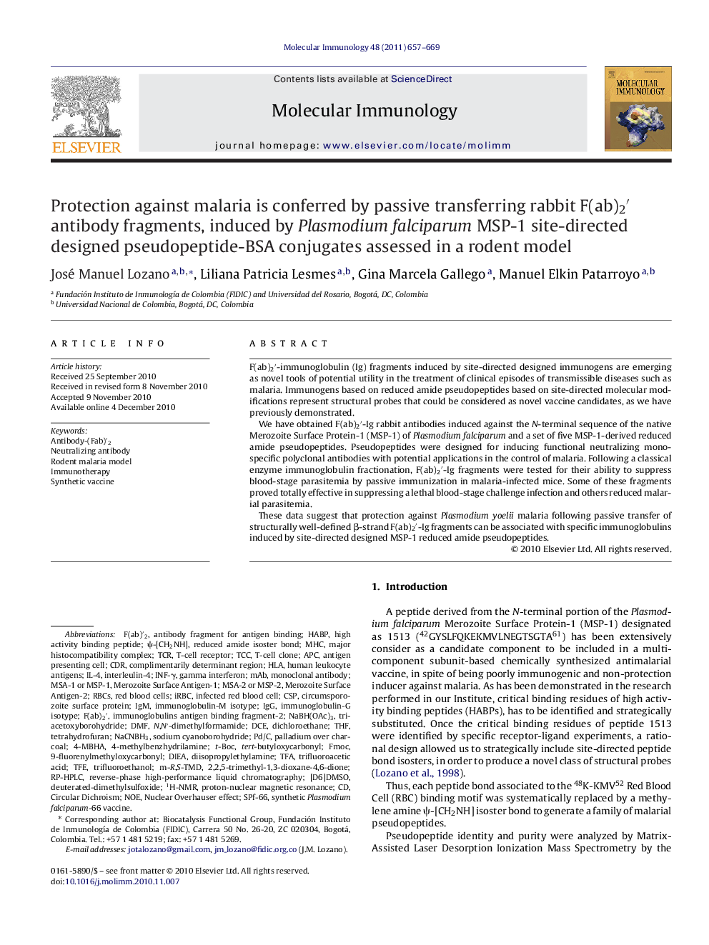 Protection against malaria is conferred by passive transferring rabbit F(ab)2â² antibody fragments, induced by Plasmodium falciparum MSP-1 site-directed designed pseudopeptide-BSA conjugates assessed in a rodent model