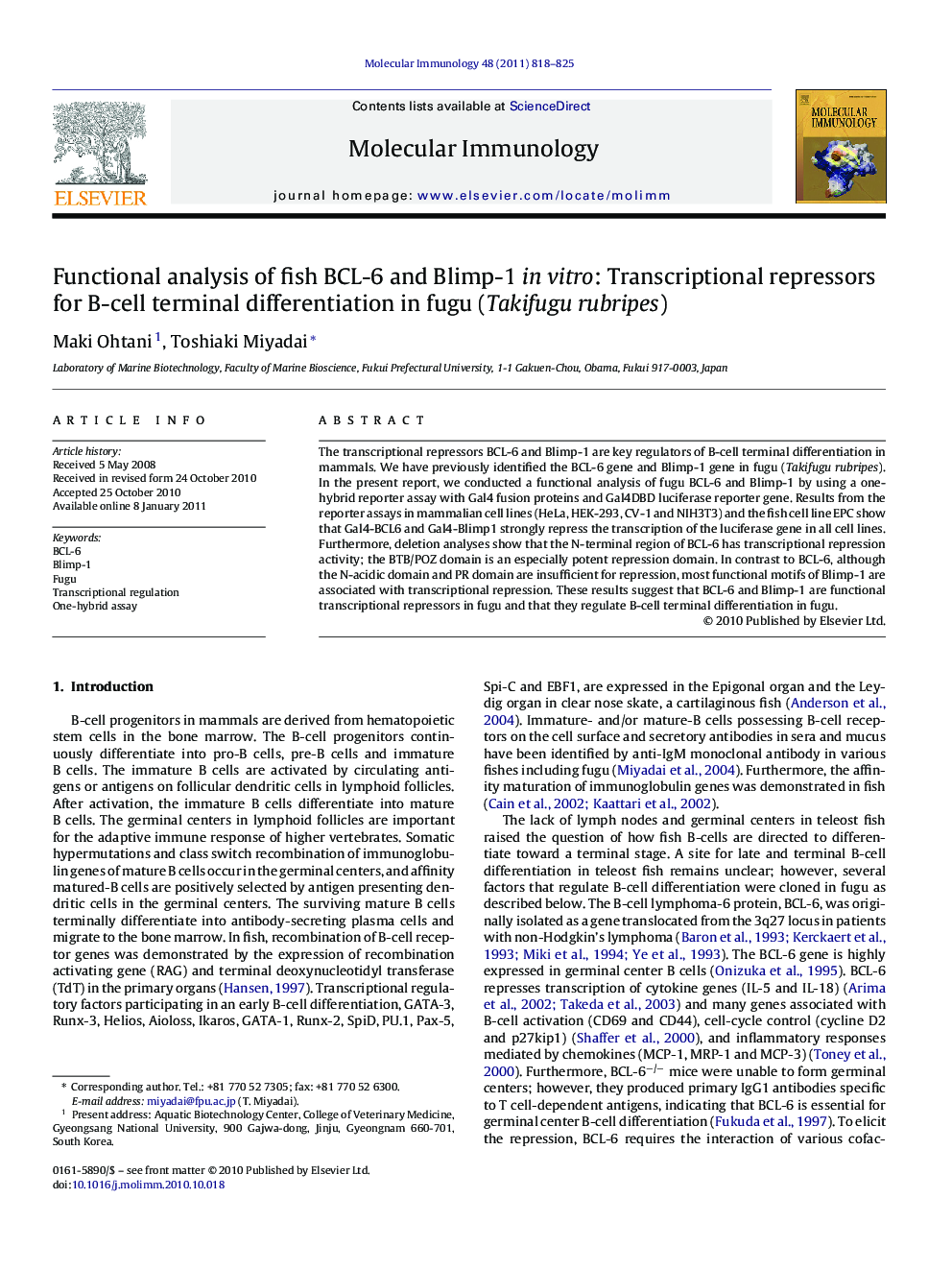 Functional analysis of fish BCL-6 and Blimp-1 in vitro: Transcriptional repressors for B-cell terminal differentiation in fugu (Takifugu rubripes)