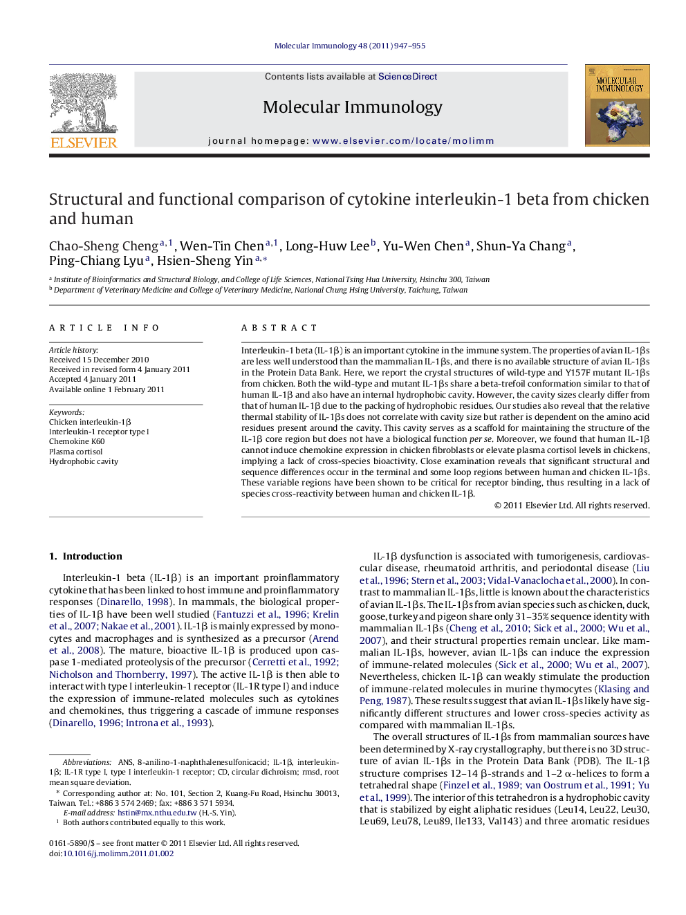 Structural and functional comparison of cytokine interleukin-1 beta from chicken and human