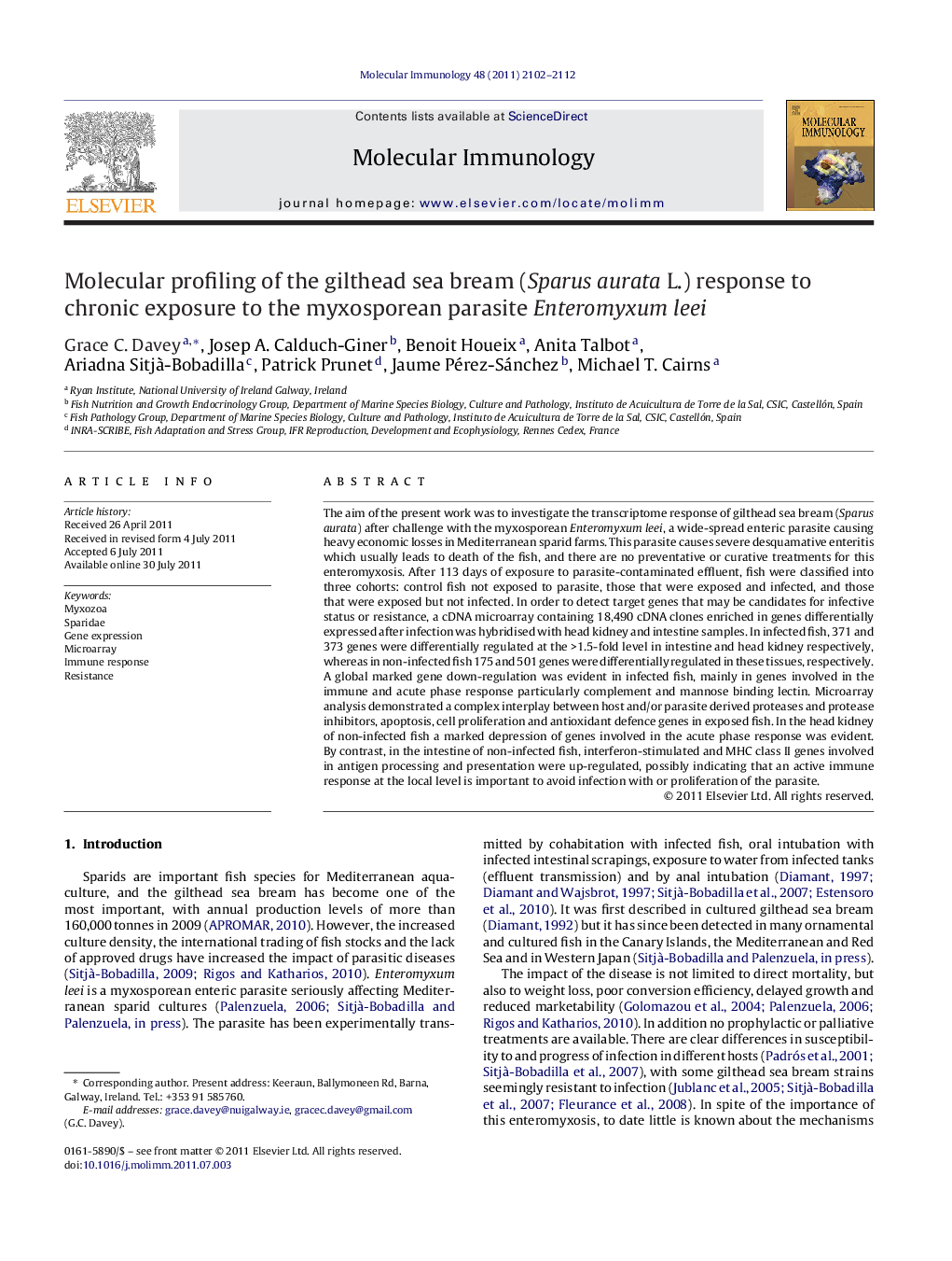 Molecular profiling of the gilthead sea bream (Sparus aurata L.) response to chronic exposure to the myxosporean parasite Enteromyxum leei