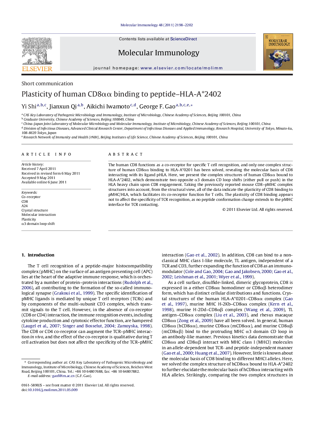 Plasticity of human CD8Î±Î± binding to peptide-HLA-A*2402