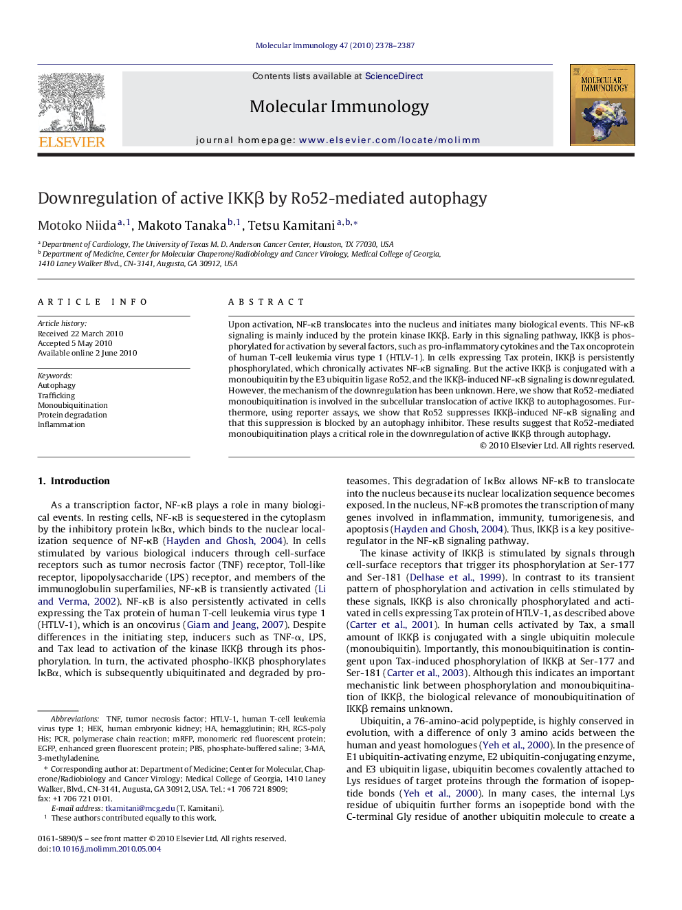 Downregulation of active IKKÎ² by Ro52-mediated autophagy