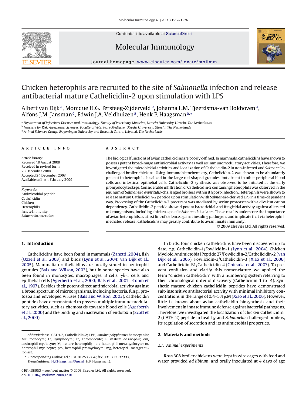 Chicken heterophils are recruited to the site of Salmonella infection and release antibacterial mature Cathelicidin-2 upon stimulation with LPS