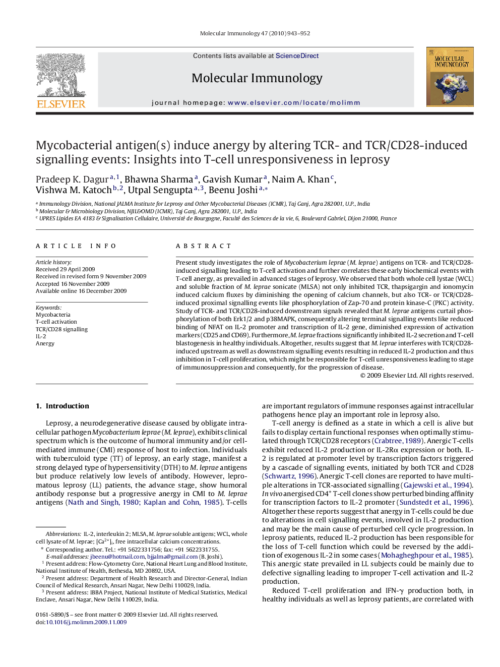 Mycobacterial antigen(s) induce anergy by altering TCR- and TCR/CD28-induced signalling events: Insights into T-cell unresponsiveness in leprosy