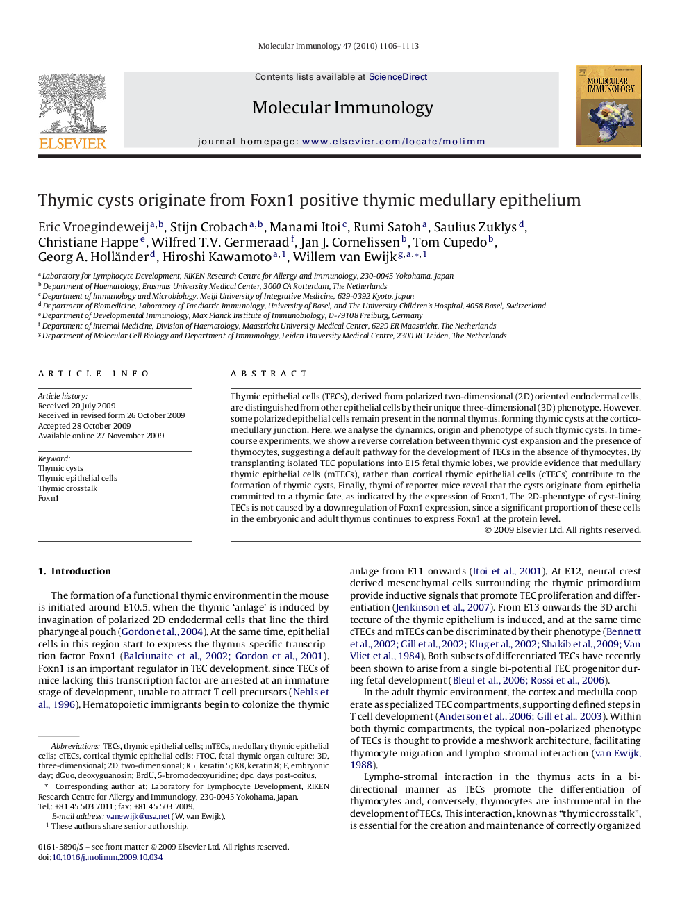 Thymic cysts originate from Foxn1 positive thymic medullary epithelium