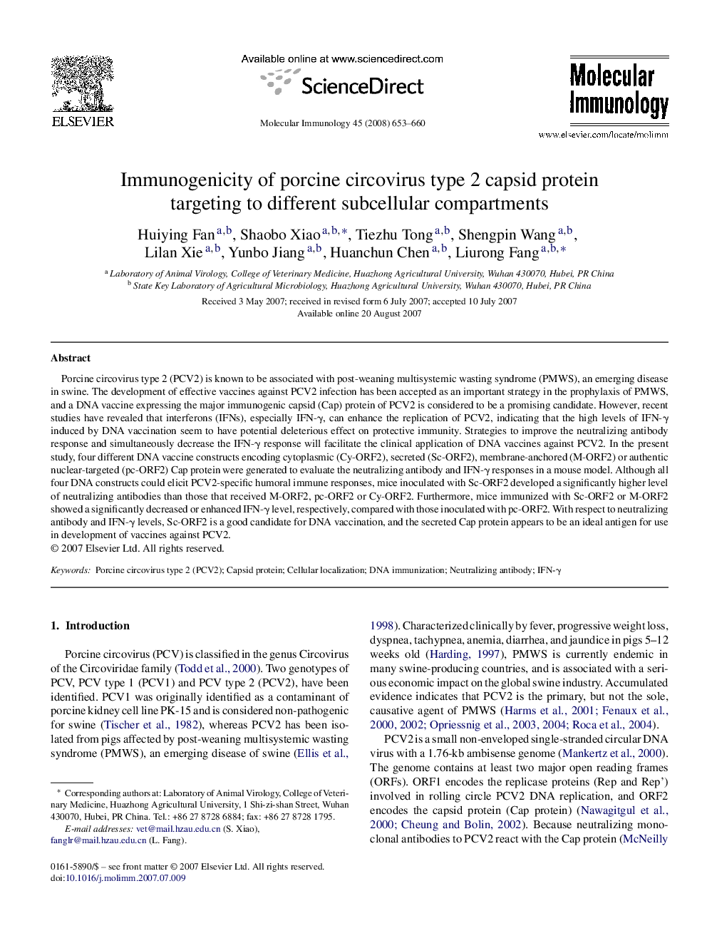 Immunogenicity of porcine circovirus type 2 capsid protein targeting to different subcellular compartments