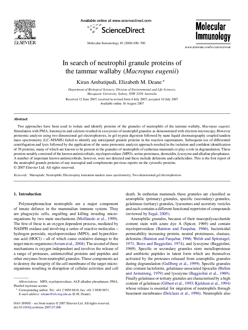 In search of neutrophil granule proteins of the tammar wallaby (Macropus eugenii)