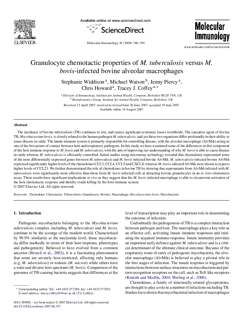 Granulocyte chemotactic properties of M. tuberculosis versus M. bovis-infected bovine alveolar macrophages