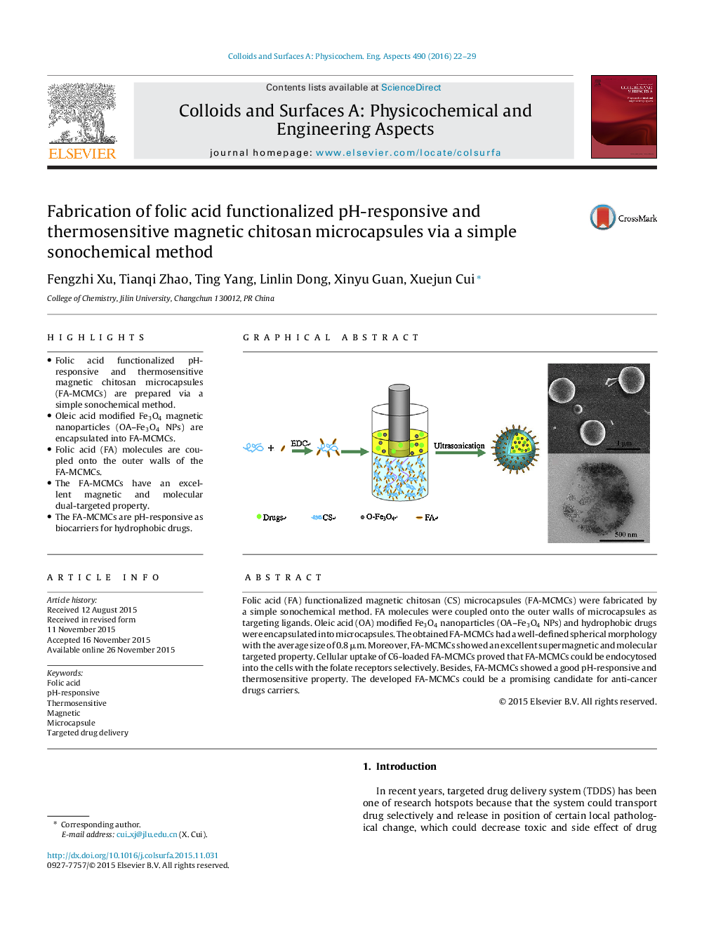 Fabrication of folic acid functionalized pH-responsive and thermosensitive magnetic chitosan microcapsules via a simple sonochemical method