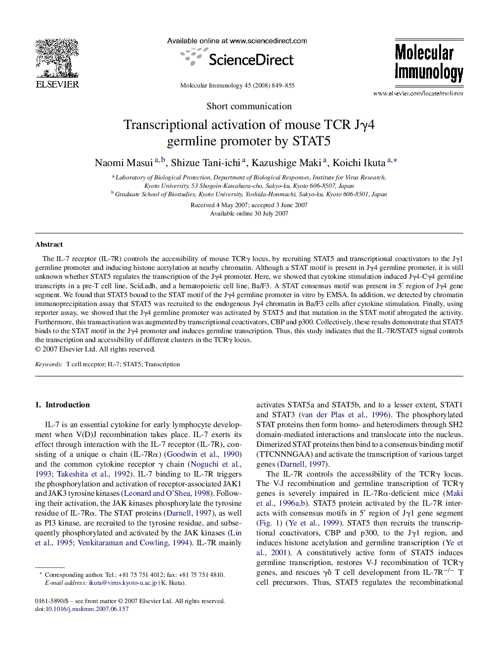 Transcriptional activation of mouse TCR JÎ³4 germline promoter by STAT5