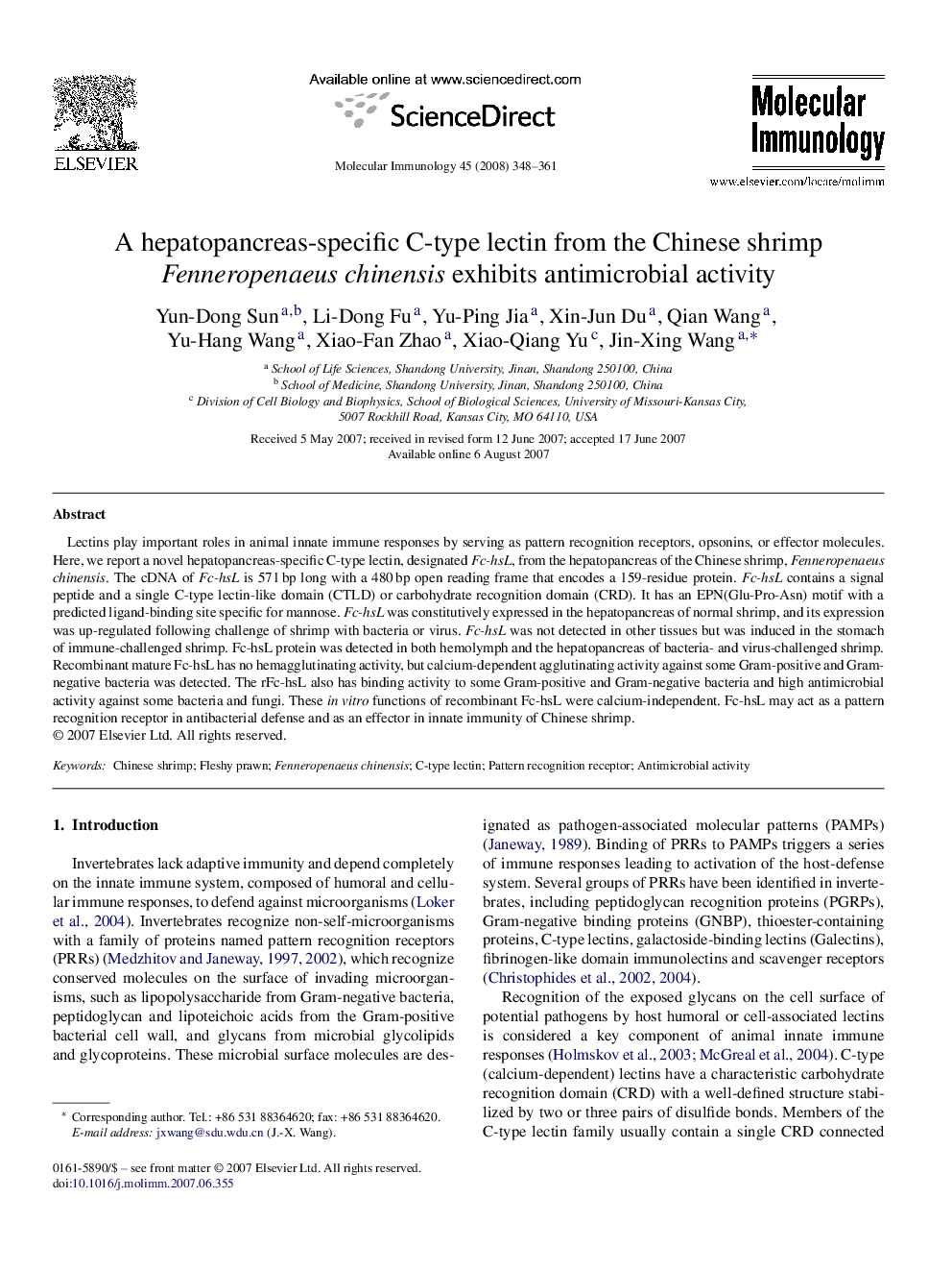 A hepatopancreas-specific C-type lectin from the Chinese shrimp Fenneropenaeus chinensis exhibits antimicrobial activity