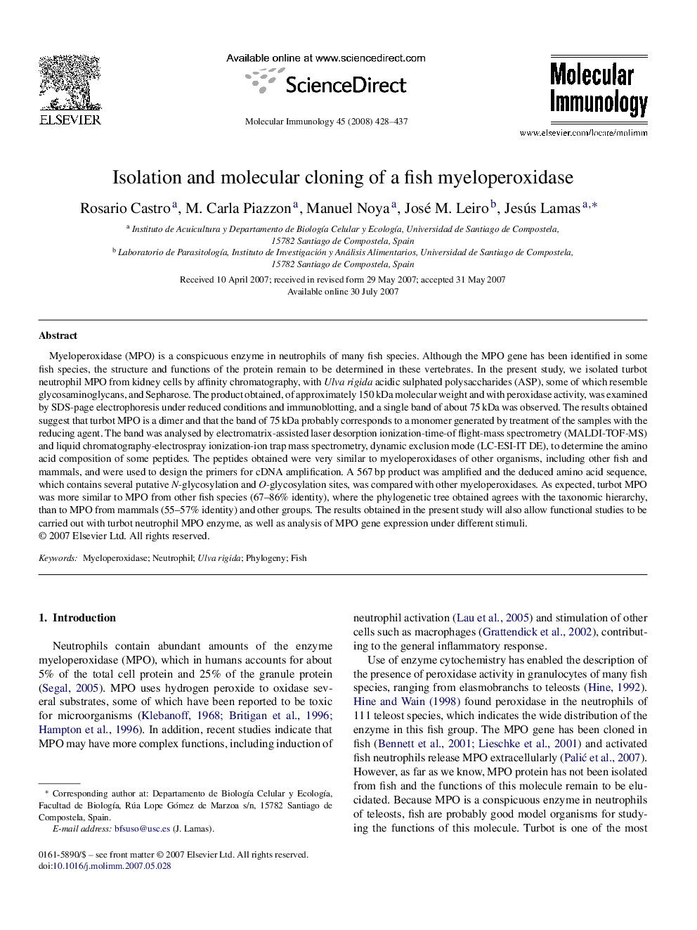 Isolation and molecular cloning of a fish myeloperoxidase