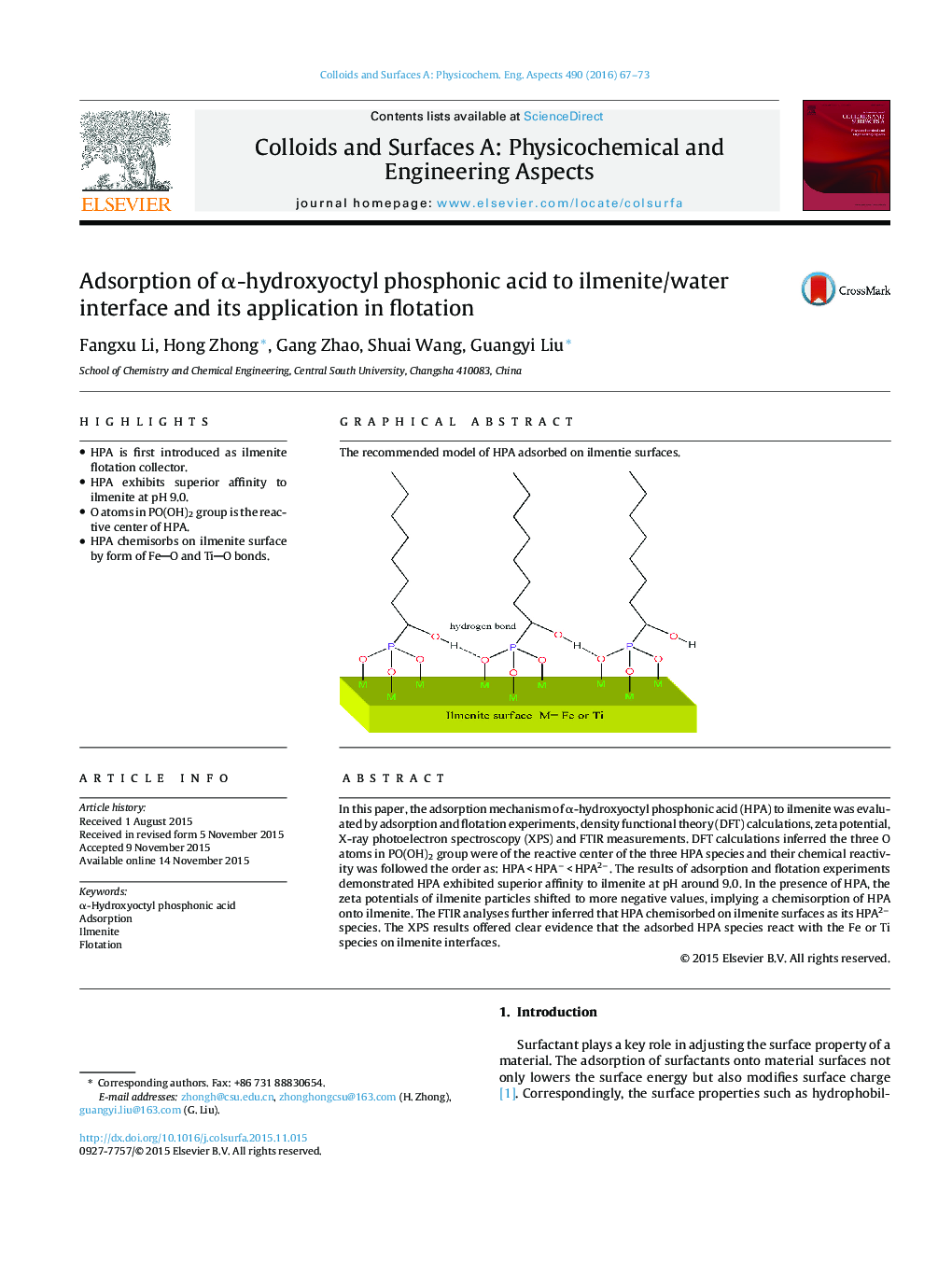 Adsorption of α-hydroxyoctyl phosphonic acid to ilmenite/water interface and its application in flotation