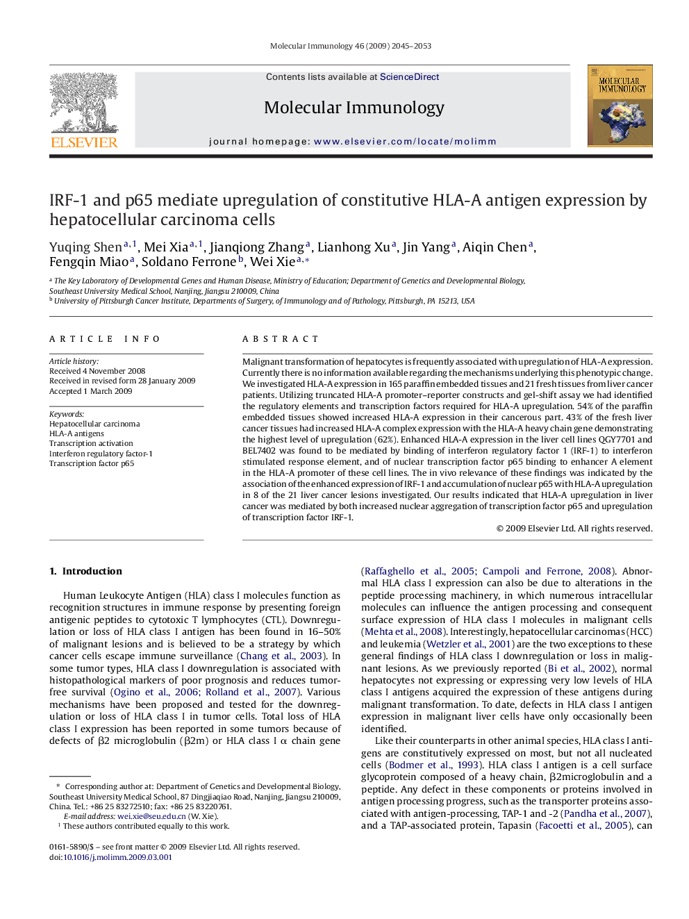 IRF-1 and p65 mediate upregulation of constitutive HLA-A antigen expression by hepatocellular carcinoma cells