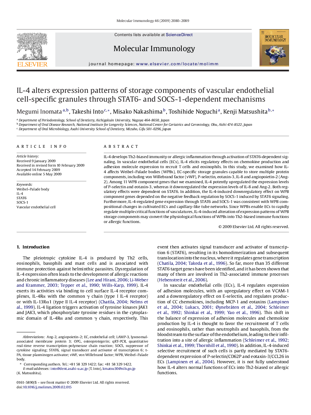 IL-4 alters expression patterns of storage components of vascular endothelial cell-specific granules through STAT6- and SOCS-1-dependent mechanisms