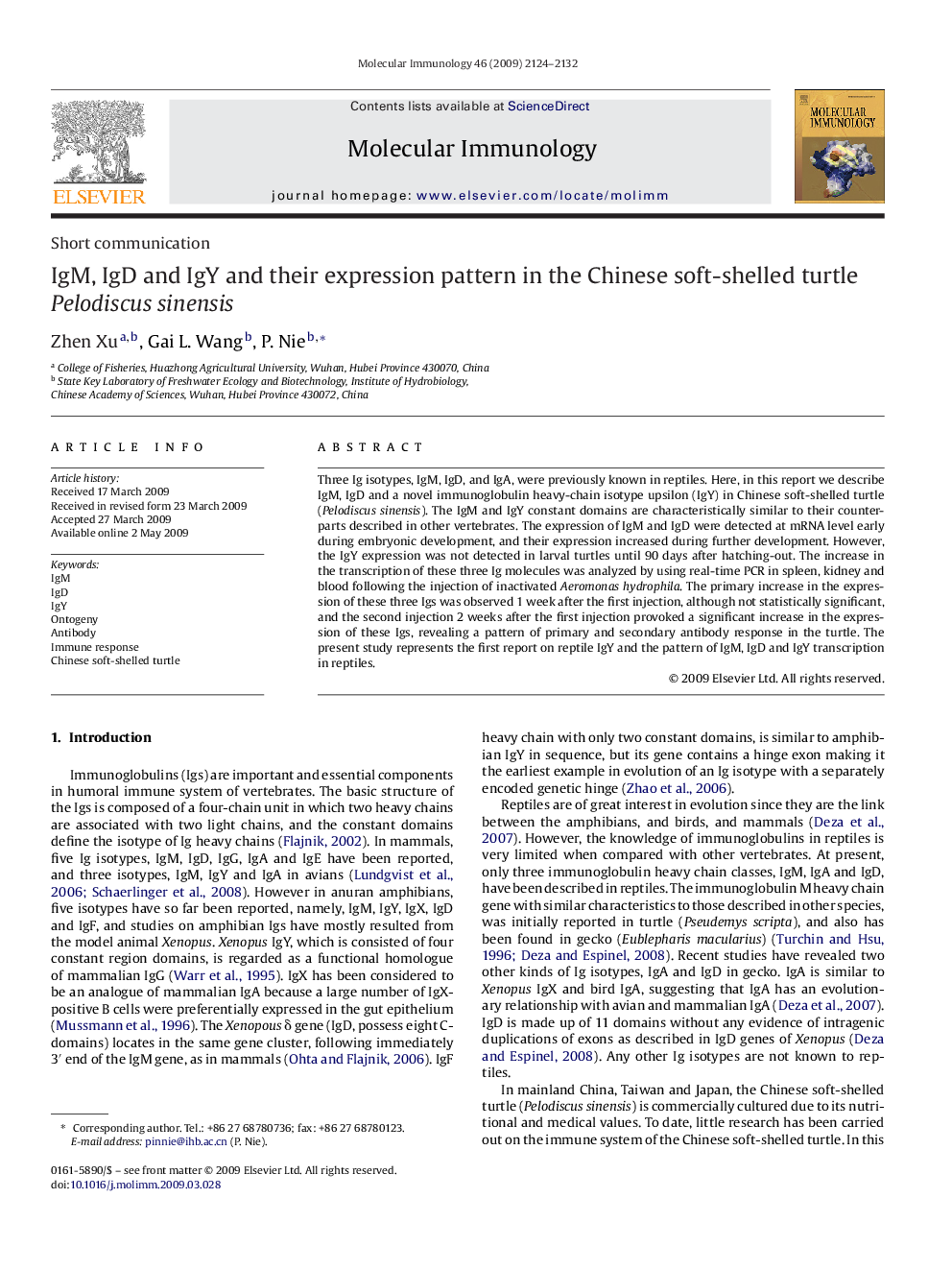 IgM, IgD and IgY and their expression pattern in the Chinese soft-shelled turtle Pelodiscus sinensis