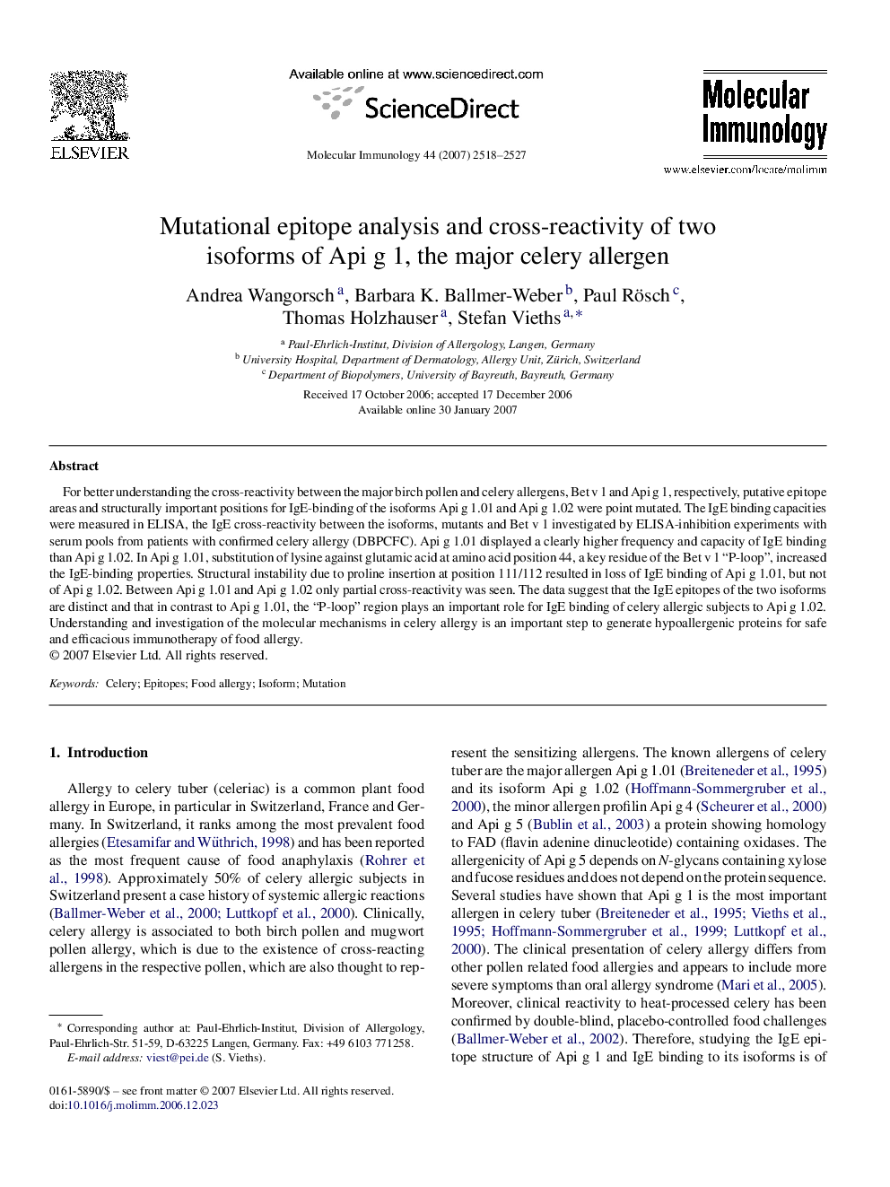 Mutational epitope analysis and cross-reactivity of two isoforms of Api g 1, the major celery allergen