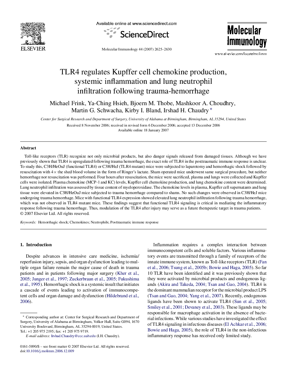 TLR4 regulates Kupffer cell chemokine production, systemic inflammation and lung neutrophil infiltration following trauma-hemorrhage