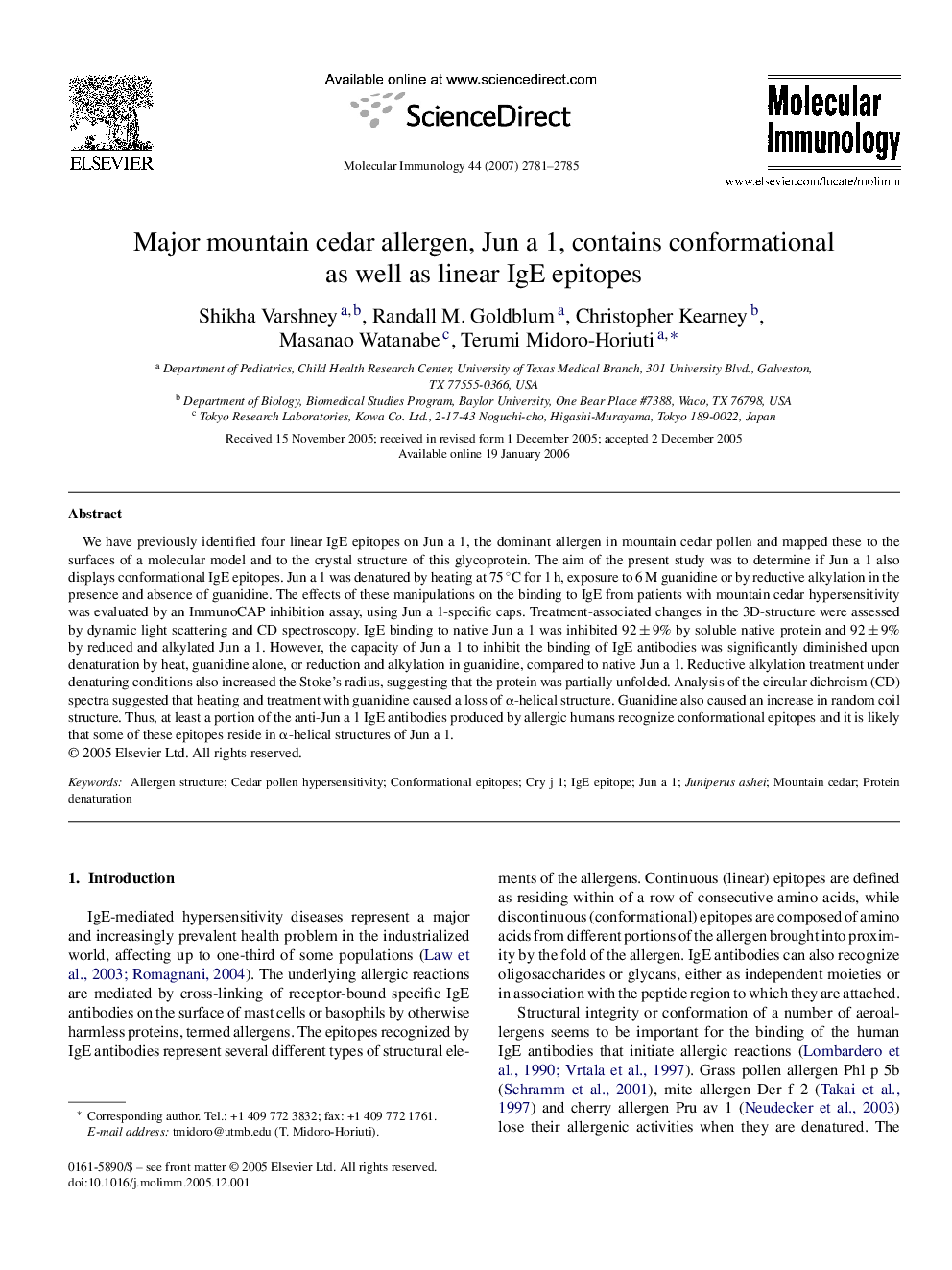 Major mountain cedar allergen, Jun a 1, contains conformational as well as linear IgE epitopes