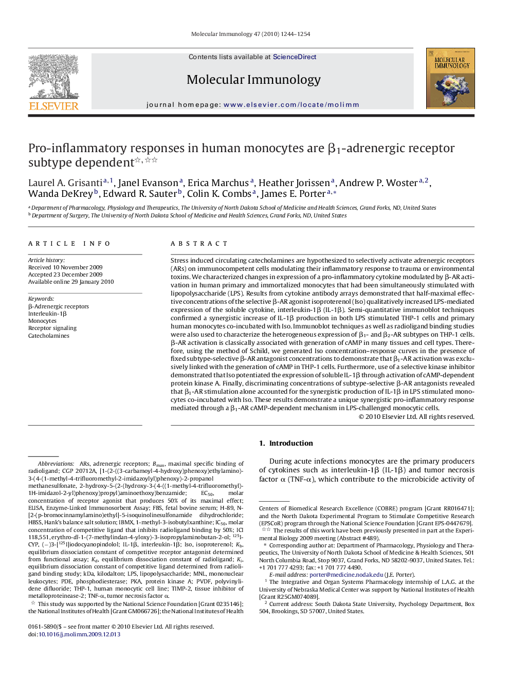 Pro-inflammatory responses in human monocytes are Î²1-adrenergic receptor subtype dependent