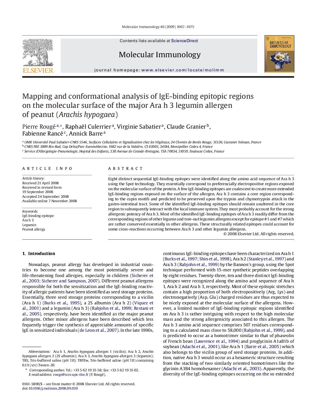 Mapping and conformational analysis of IgE-binding epitopic regions on the molecular surface of the major Ara h 3 legumin allergen of peanut (Arachis hypogaea)