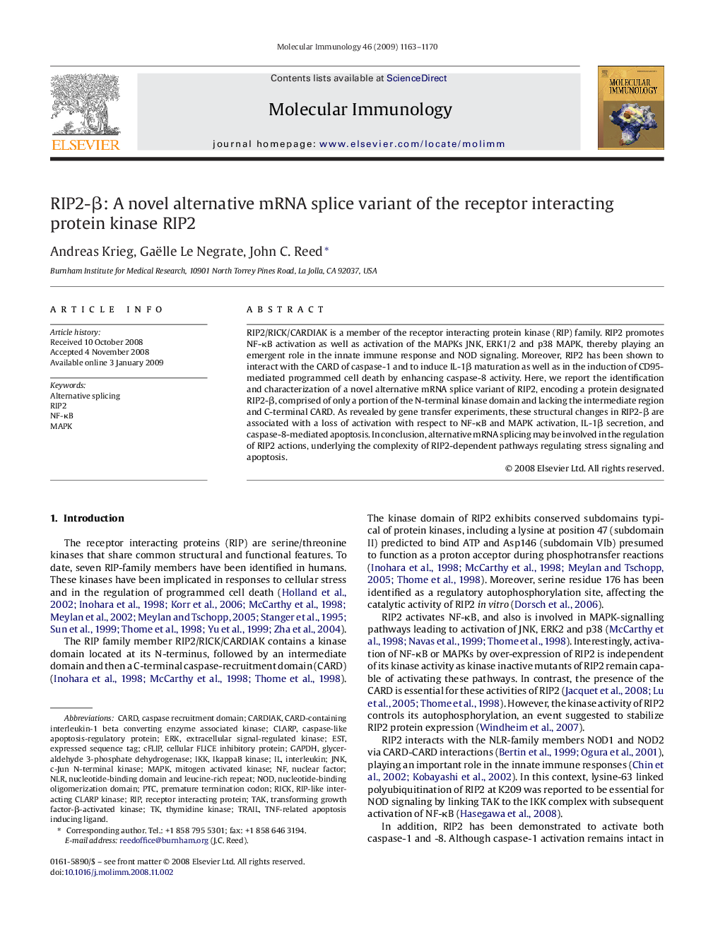 RIP2-Î²: A novel alternative mRNA splice variant of the receptor interacting protein kinase RIP2