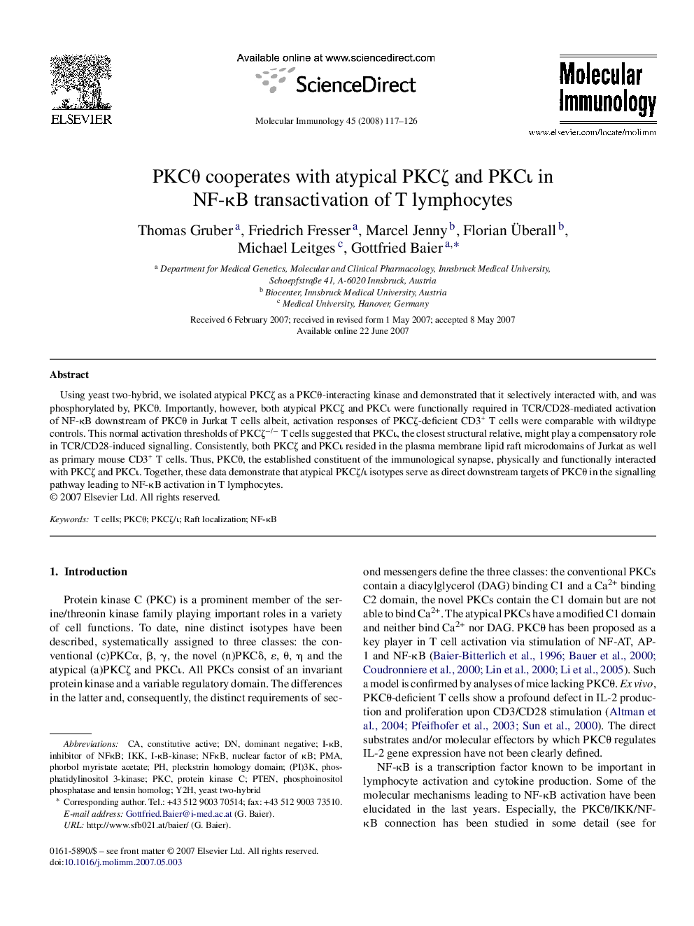 PKCÎ¸ cooperates with atypical PKCÎ¶ and PKCÎ¹ in NF-ÎºB transactivation of T lymphocytes