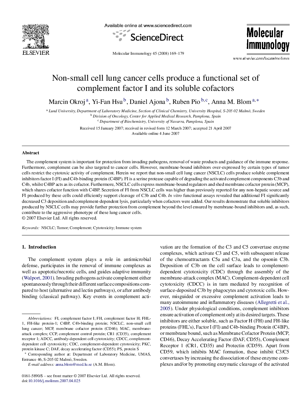 Non-small cell lung cancer cells produce a functional set of complement factor I and its soluble cofactors