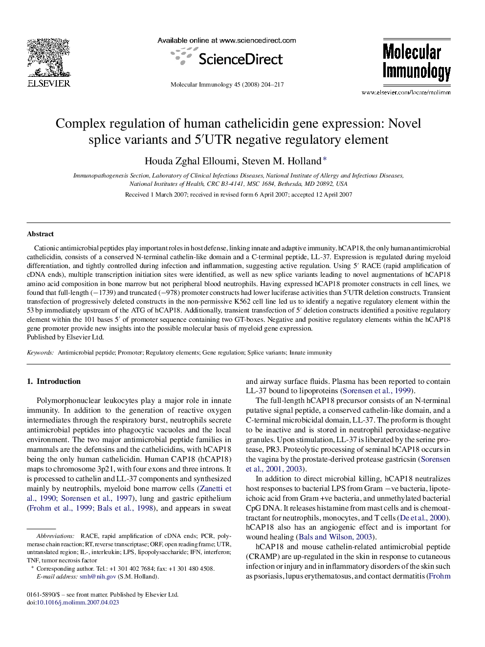 Complex regulation of human cathelicidin gene expression: Novel splice variants and 5â²UTR negative regulatory element