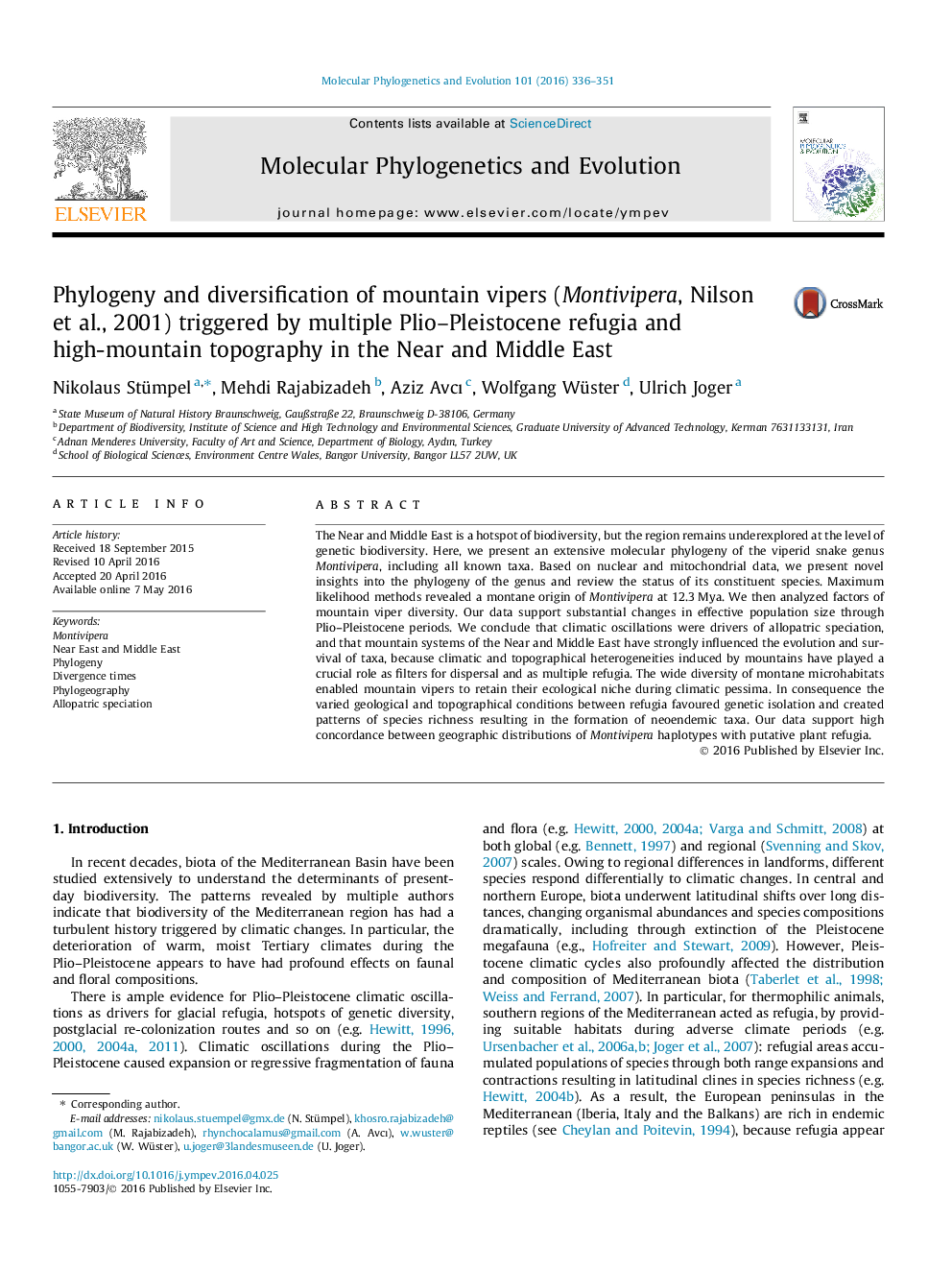 Phylogeny and diversification of mountain vipers (Montivipera, Nilson et al., 2001) triggered by multiple Plio-Pleistocene refugia and high-mountain topography in the Near and Middle East