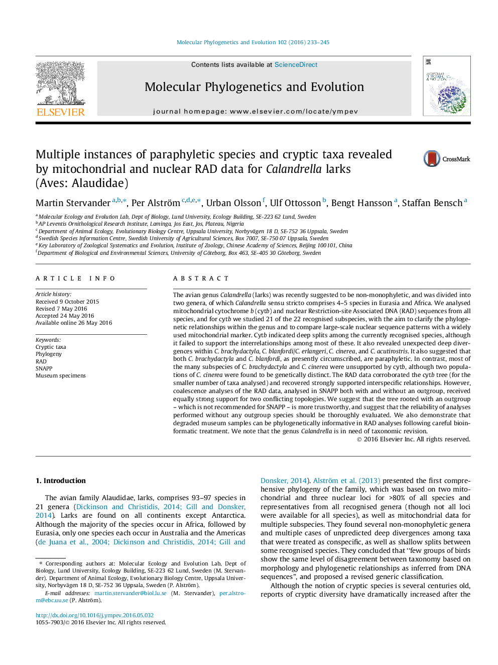 Multiple instances of paraphyletic species and cryptic taxa revealed by mitochondrial and nuclear RAD data for Calandrella larks (Aves: Alaudidae)