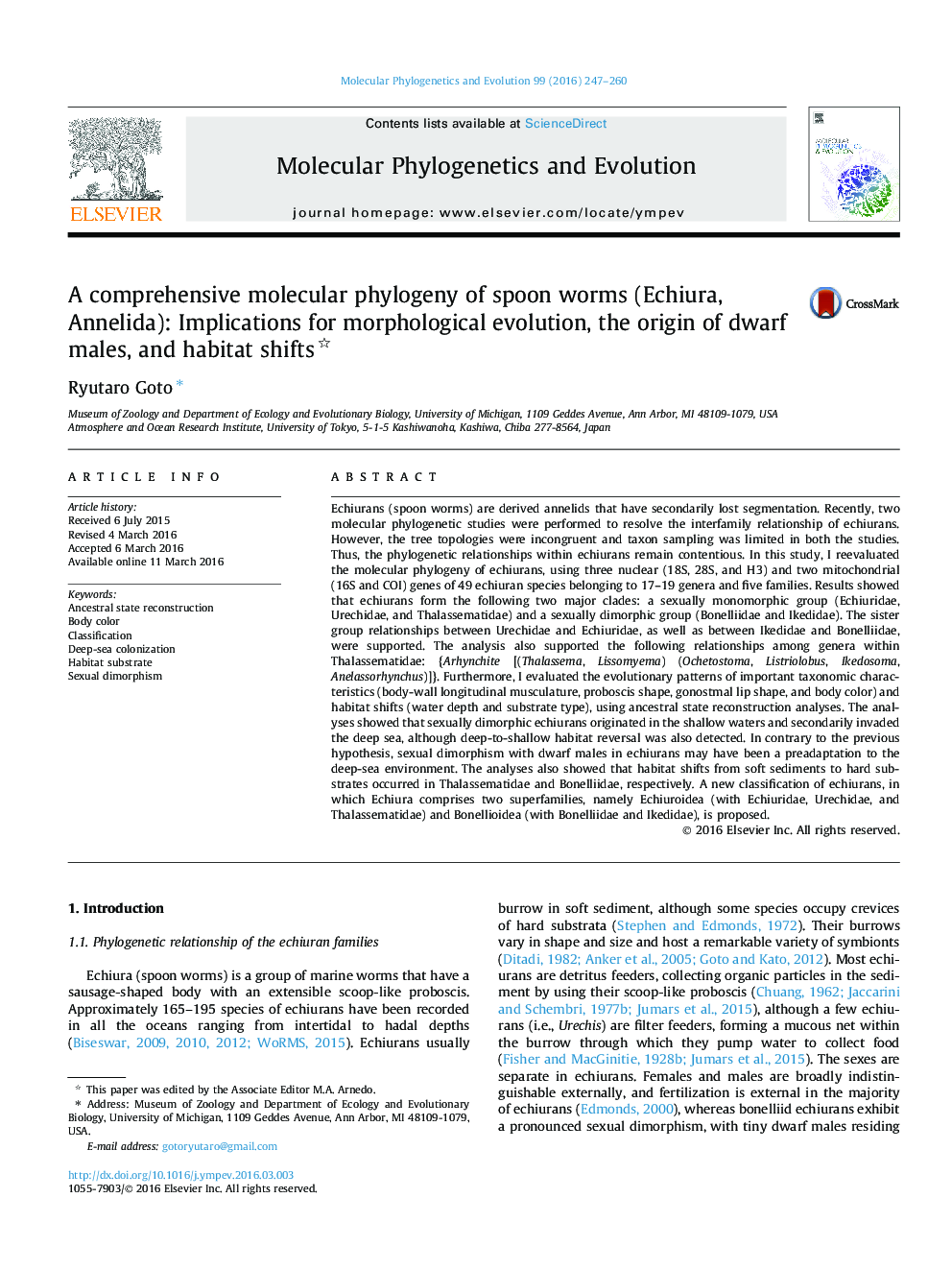 A comprehensive molecular phylogeny of spoon worms (Echiura, Annelida): Implications for morphological evolution, the origin of dwarf males, and habitat shifts