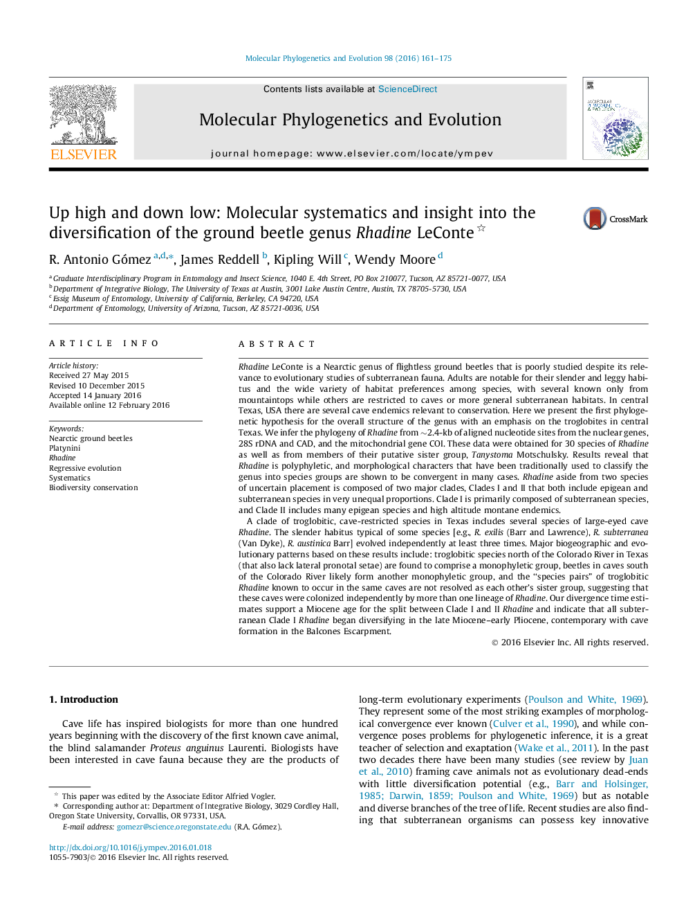 Up high and down low: Molecular systematics and insight into the diversification of the ground beetle genus Rhadine LeConte