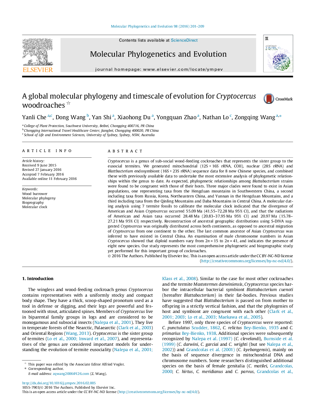 A global molecular phylogeny and timescale of evolution for Cryptocercus woodroaches