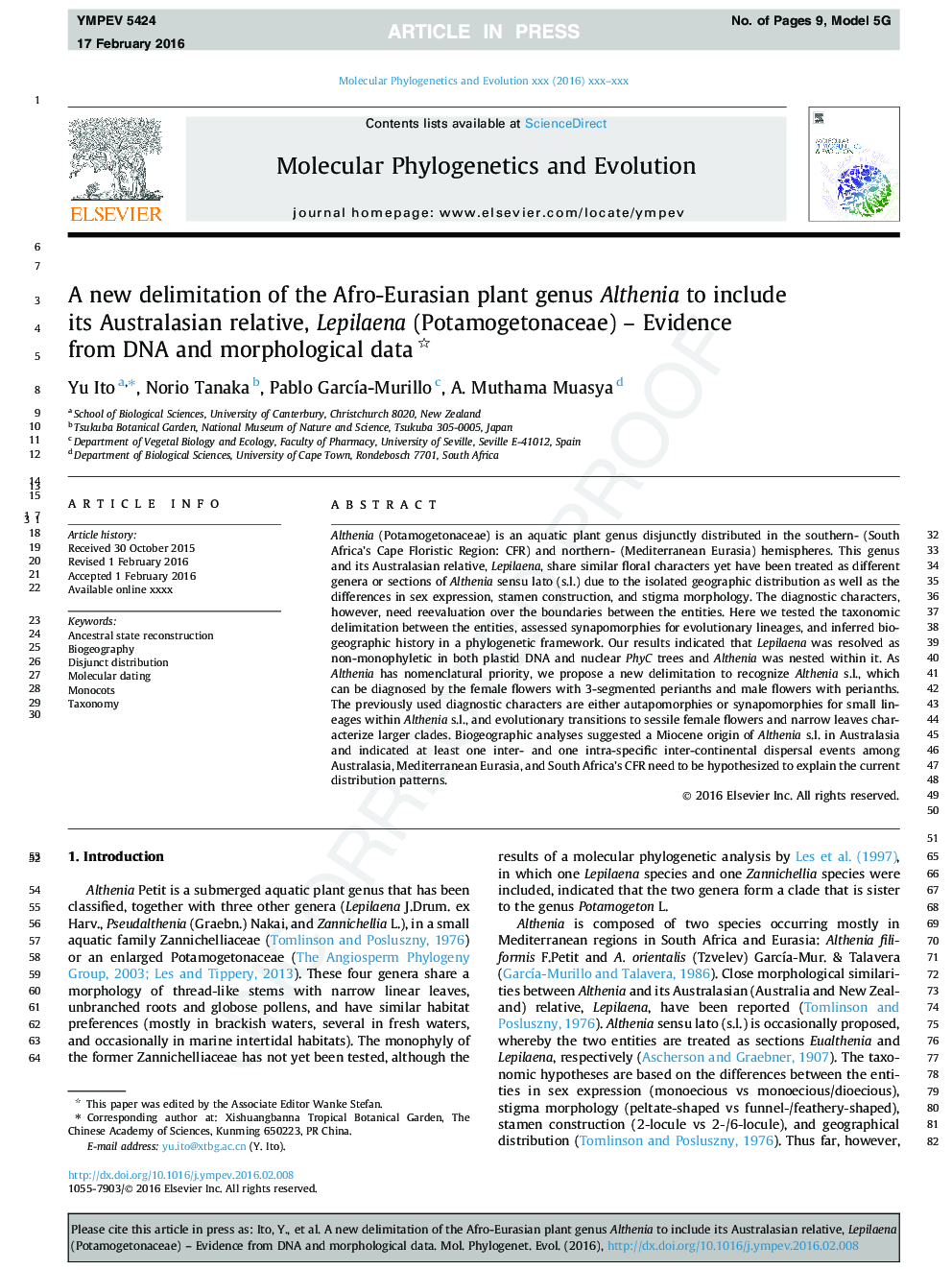 A new delimitation of the Afro-Eurasian plant genus Althenia to include its Australasian relative, Lepilaena (Potamogetonaceae) - Evidence from DNA and morphological data