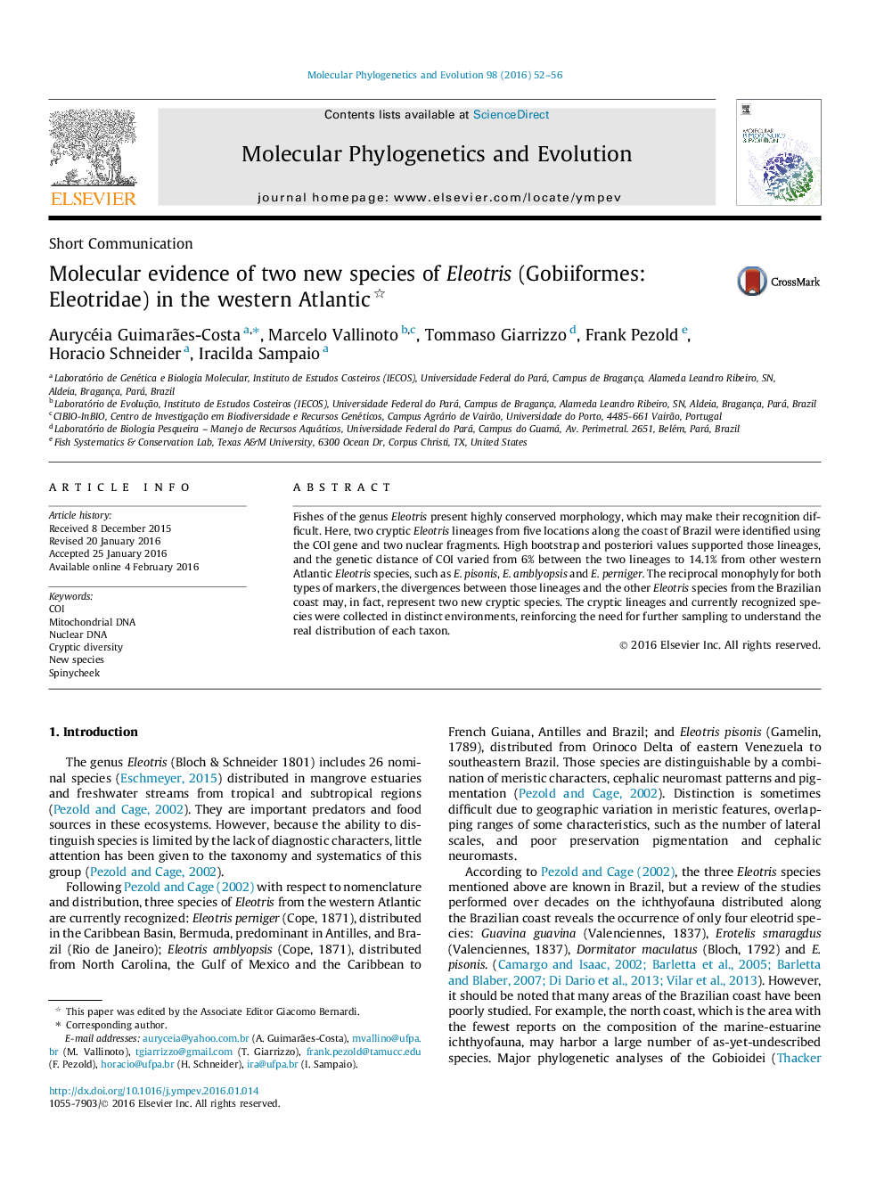 Short CommunicationMolecular evidence of two new species of Eleotris (Gobiiformes: Eleotridae) in the western Atlantic